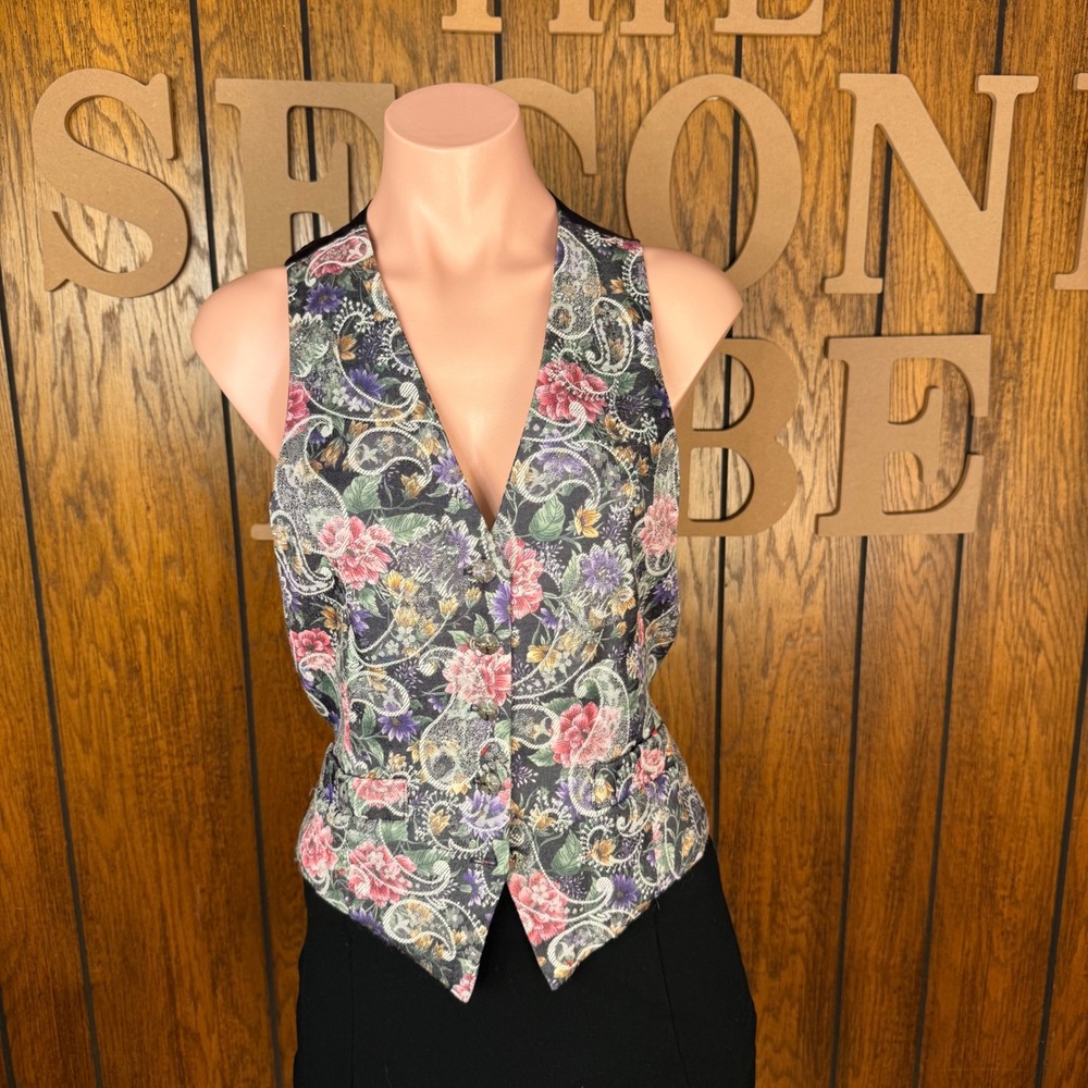 VTG Floral Paisley Vest Women S Black Tapestry Cottagecore Boho Whimsigoth Witch